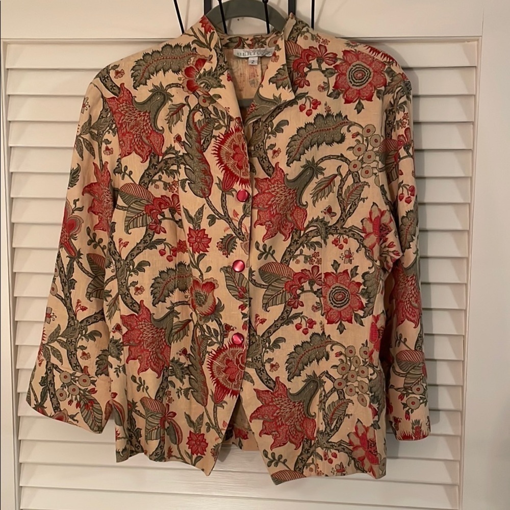 Linda Bertozzi Vintage Cream Bright Floral Linen 3 Button Butterfly Jacket